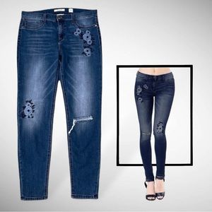 Sneak Peek Black Label Floral Embroidered Distressed Jeans